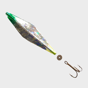 A fishing lure with a metallic silver body, green accents