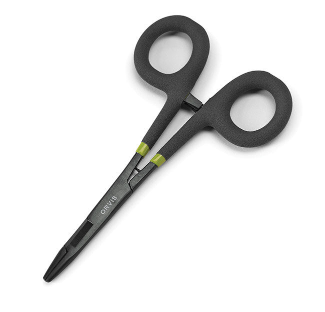 Black hemostats and comfy grip with a green accent on a white background.