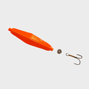 An orange fishing lure with a treble hook