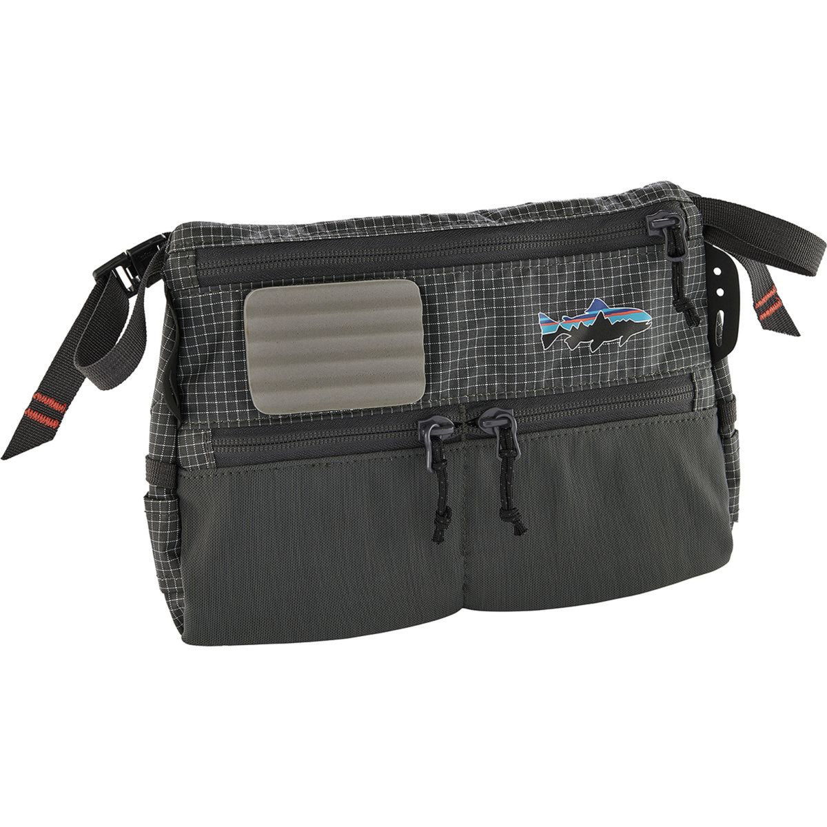 Black and gray bag with a logo on a white background