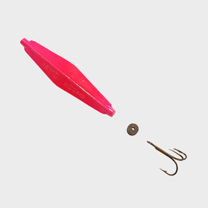 Pink fishing lure with a hook 
