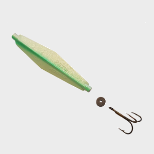 A fishing lure with a light green and translucent yellow body