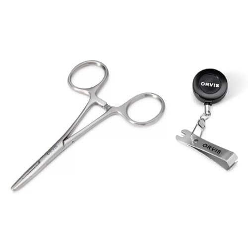 Hemostats, nippers and retractor with 'Orvis' branding on a white background.