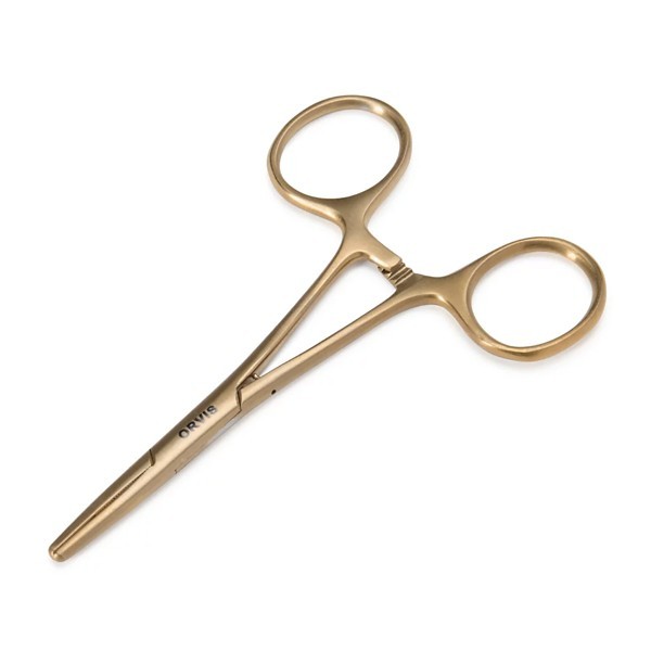 Gold hemostats on a white background