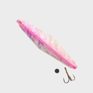 A pink and iridescent white jig fishing lure 