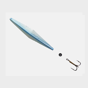 A fishing lure with light blue to white gradient body, shown disassembled with its black sinker weight and treble hook 