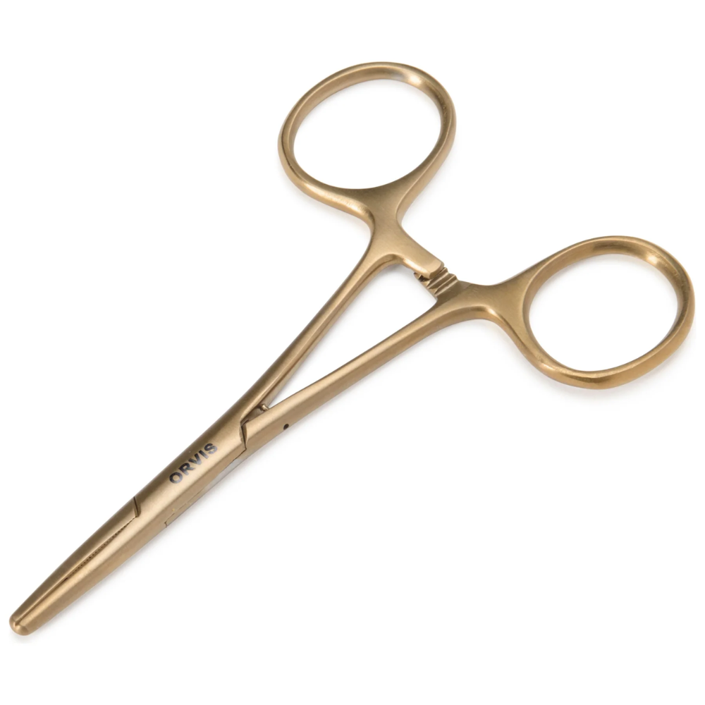 Gold hemostats on a white background