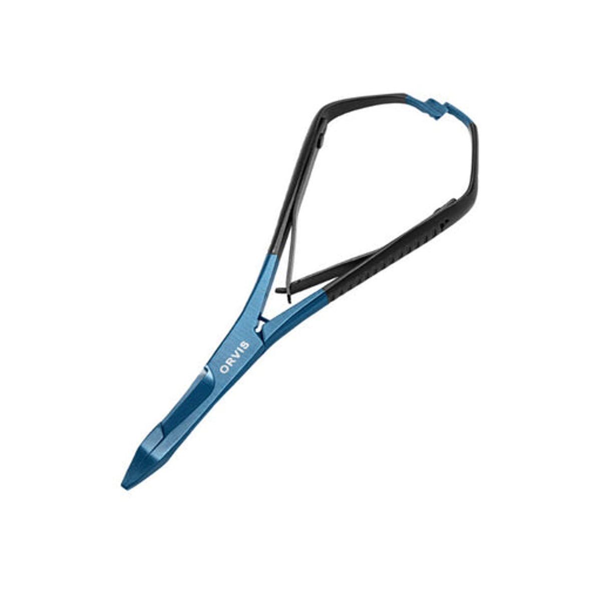 Blue and black scissor clamps on a white background