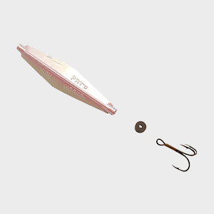 A pink and white fishing lure, shown alongside a treble hook on a light gray background.