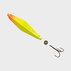A bright yellow and orange fishing lure with a treble hook attached