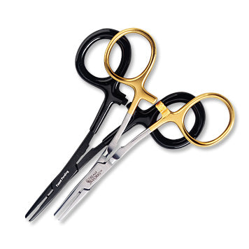 Set of three pairs of hemostats with black, gold, and silver handles on a white background.
