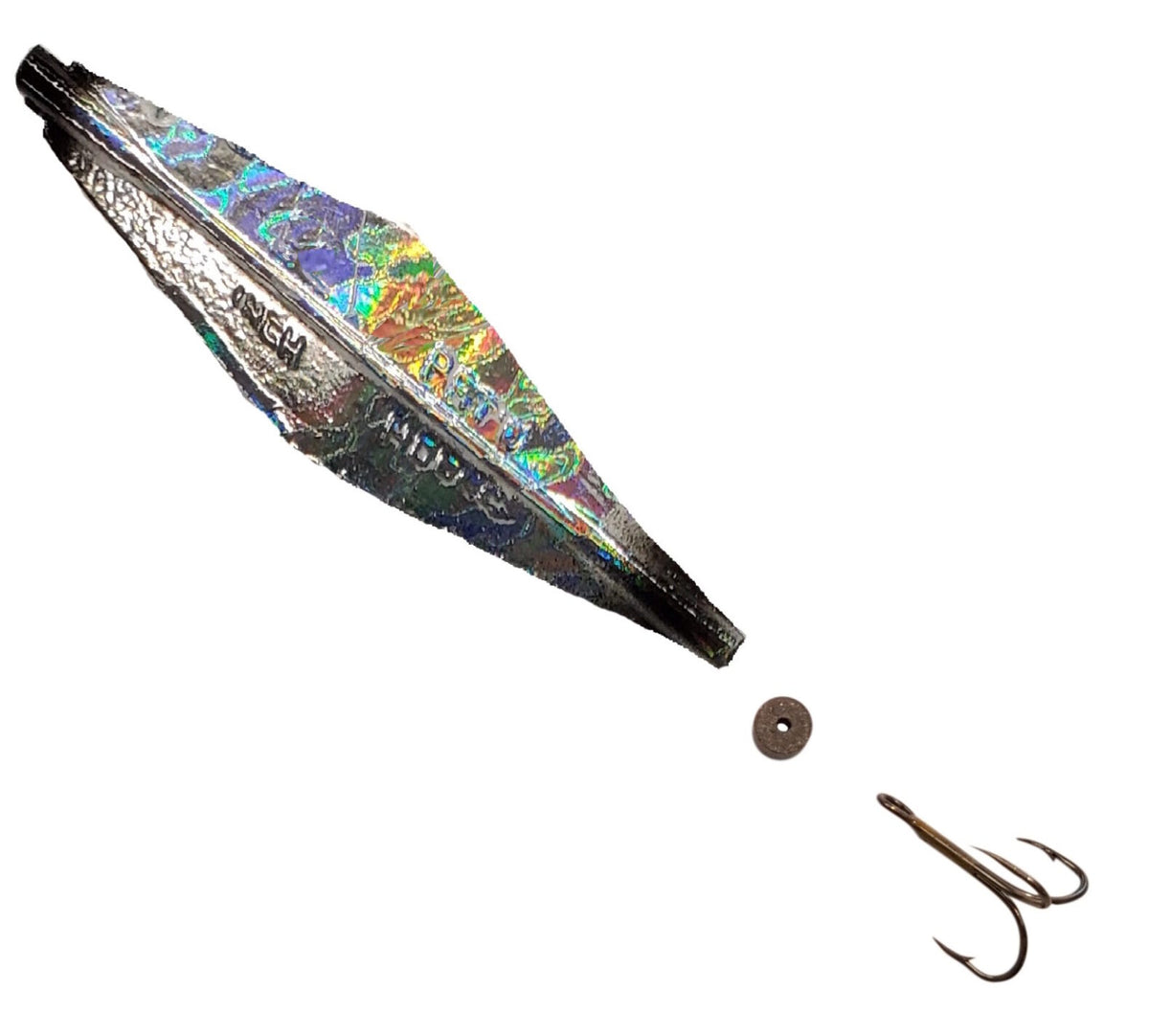 An iridescent aluminum fishing jig 
