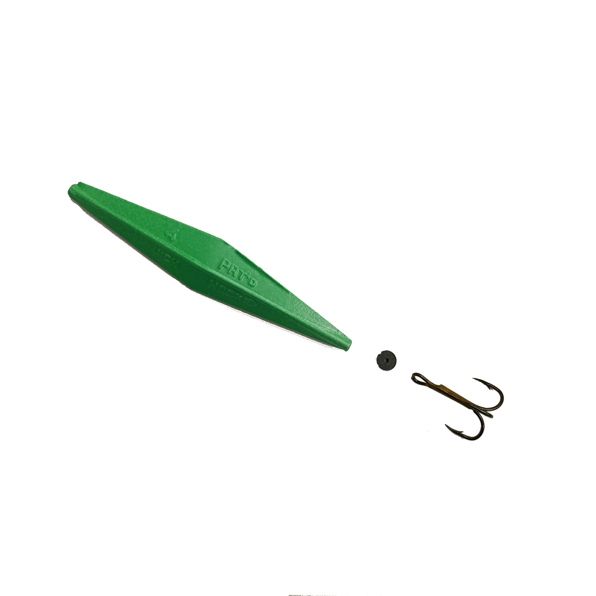 A green fishing lure body with a treble hook