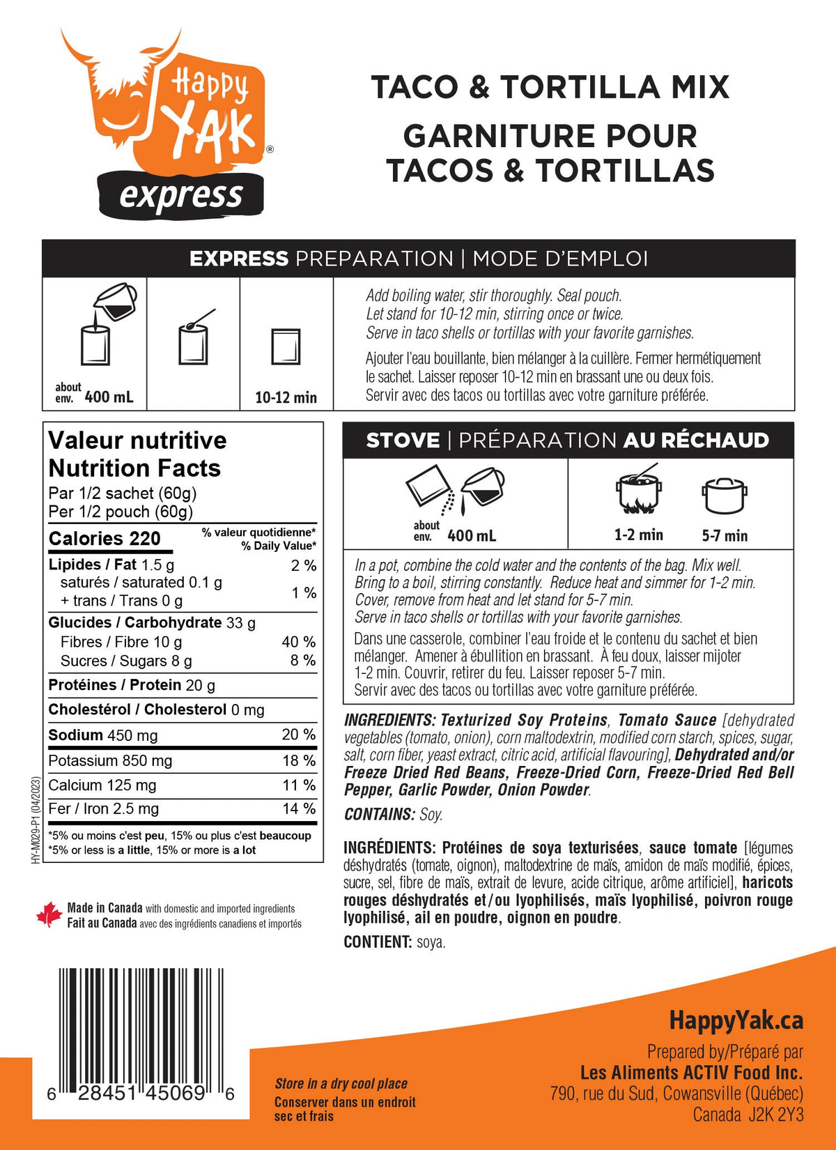 Happy Yak Taco & Tortilla Vegetarian Mix (Vegan, Gluten Free, Lactose Free)