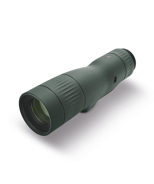 A green spotting scope with a ribbed body and large objective lens, shown at an angle on a clean white background with a soft shadow.