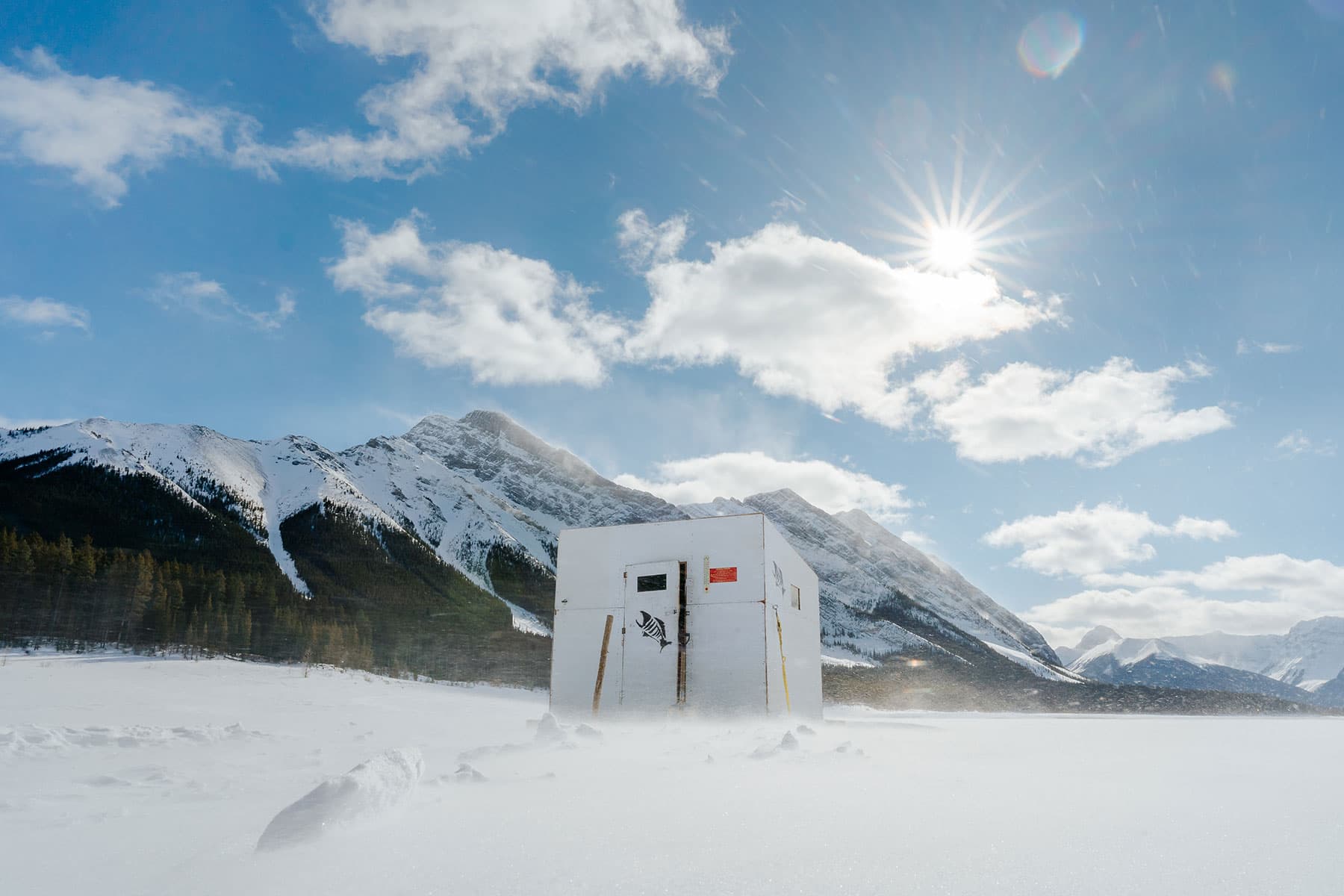 ice fishing hut on the spray lakes in winter