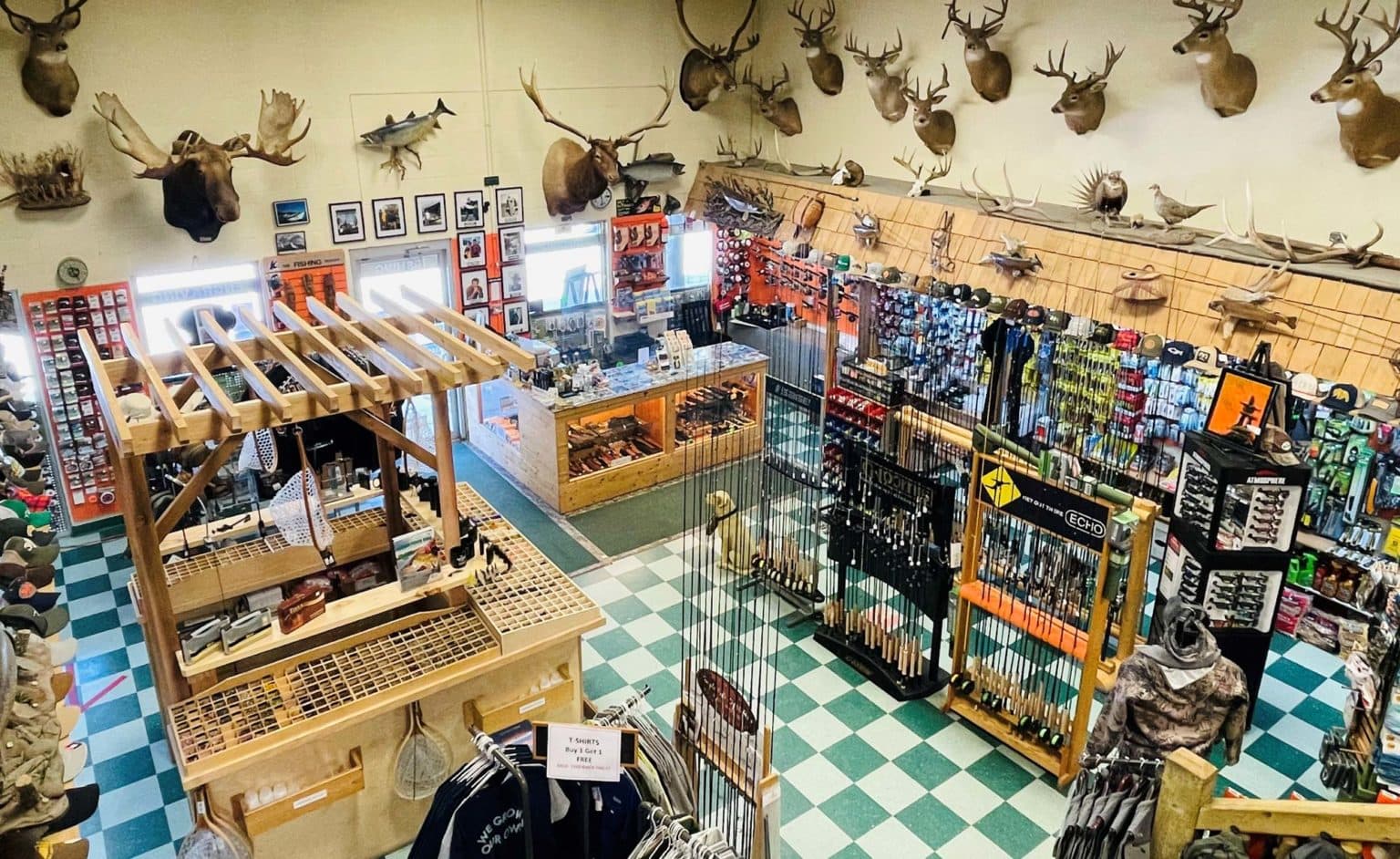 interior of wapiti sports and outfitters store in canmore showing fishing and hunting equipment