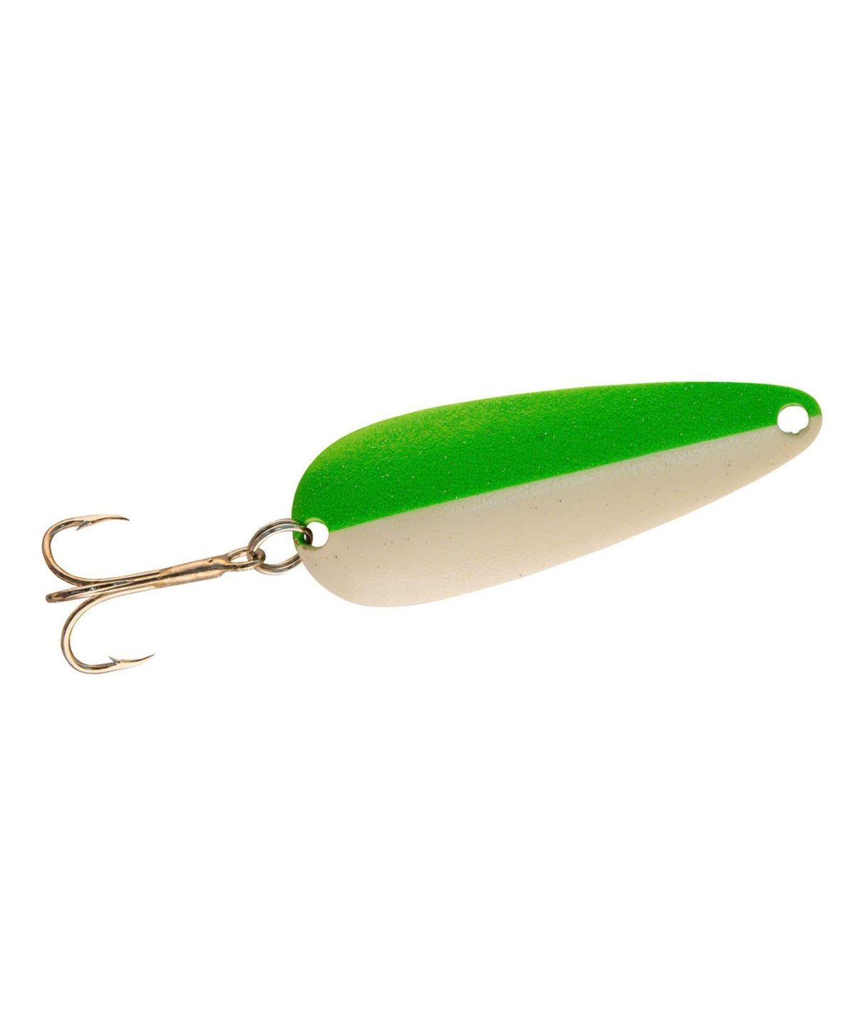 A fishing lure with a bright green top and a white bottom, attached to a gold-colored treble hook.