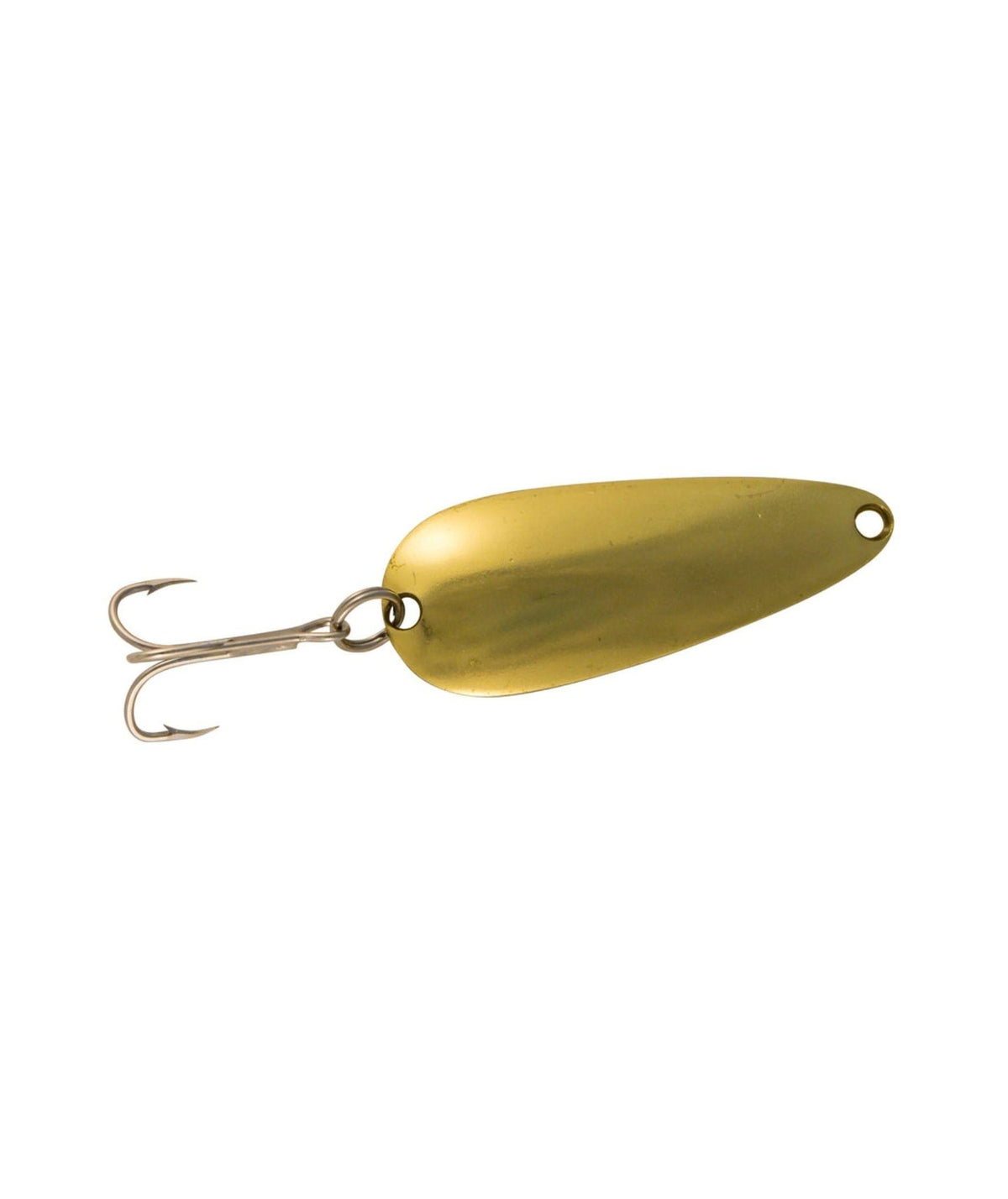 A gold-colored metal fishing spinnerbait lure with a treble hooks attached.