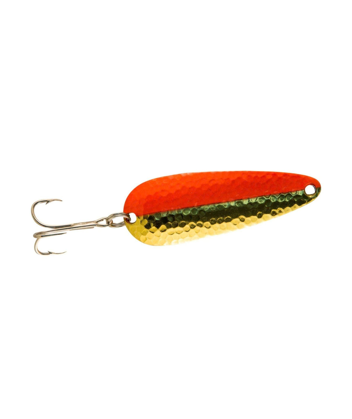 A metal fishing lure with a bright orange top and a reflective gold bottom, featuring a silver treble hook attached on the left side.