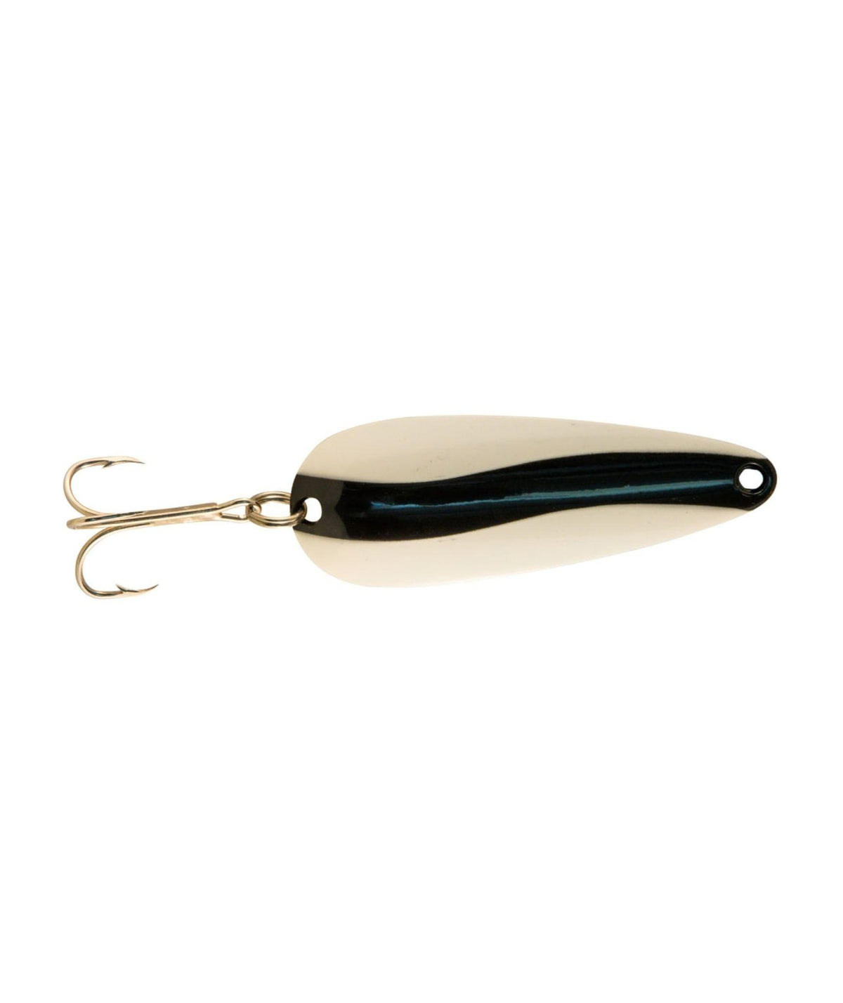 A fishing lure with a metallic gold body, a glossy black center stripe, and two treble hooks attached on the left side.