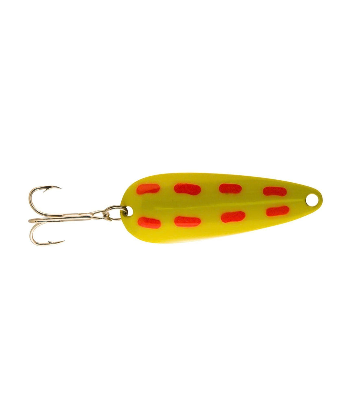 A yellow fishing lure with red spots and a silver treble hook.