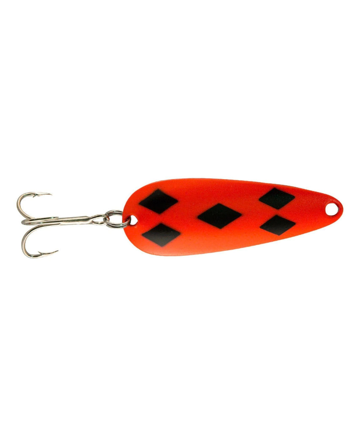 A bright orange fishing lure with black diamond patterns and a silver metal hook.