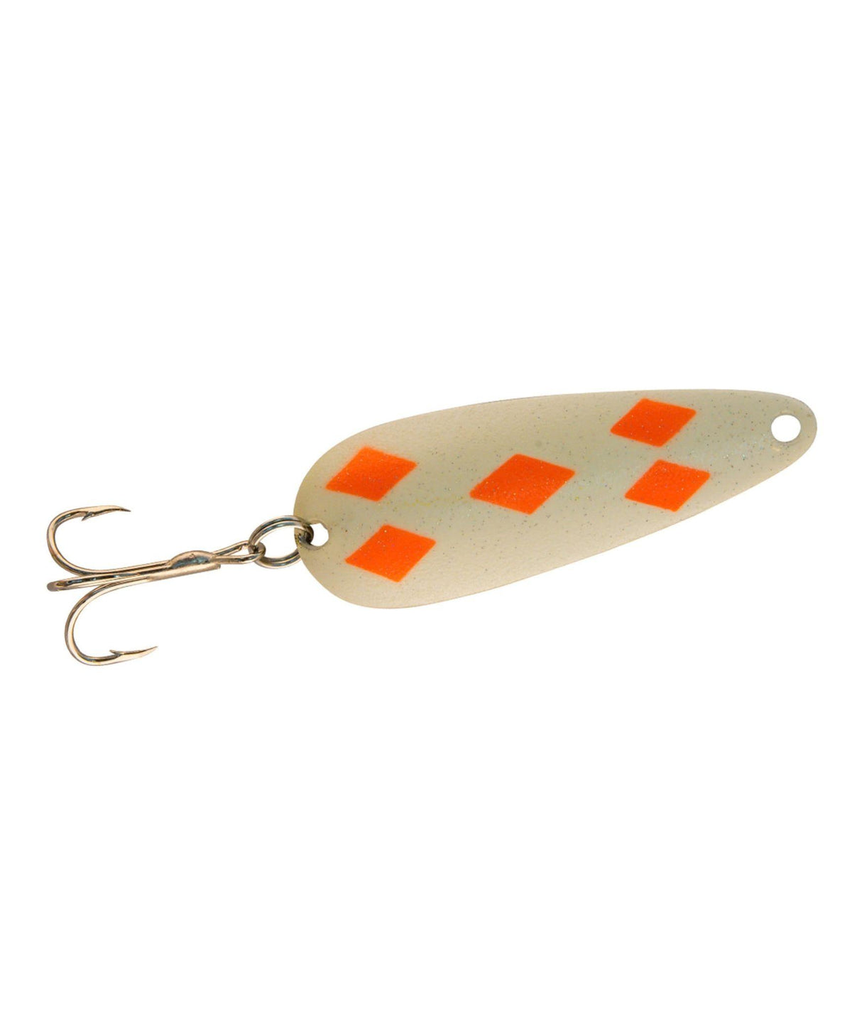 A fishing lure with a metallic silver body, four bright orange diamond-shaped reflective accents, and a triple hook attached on the left side.