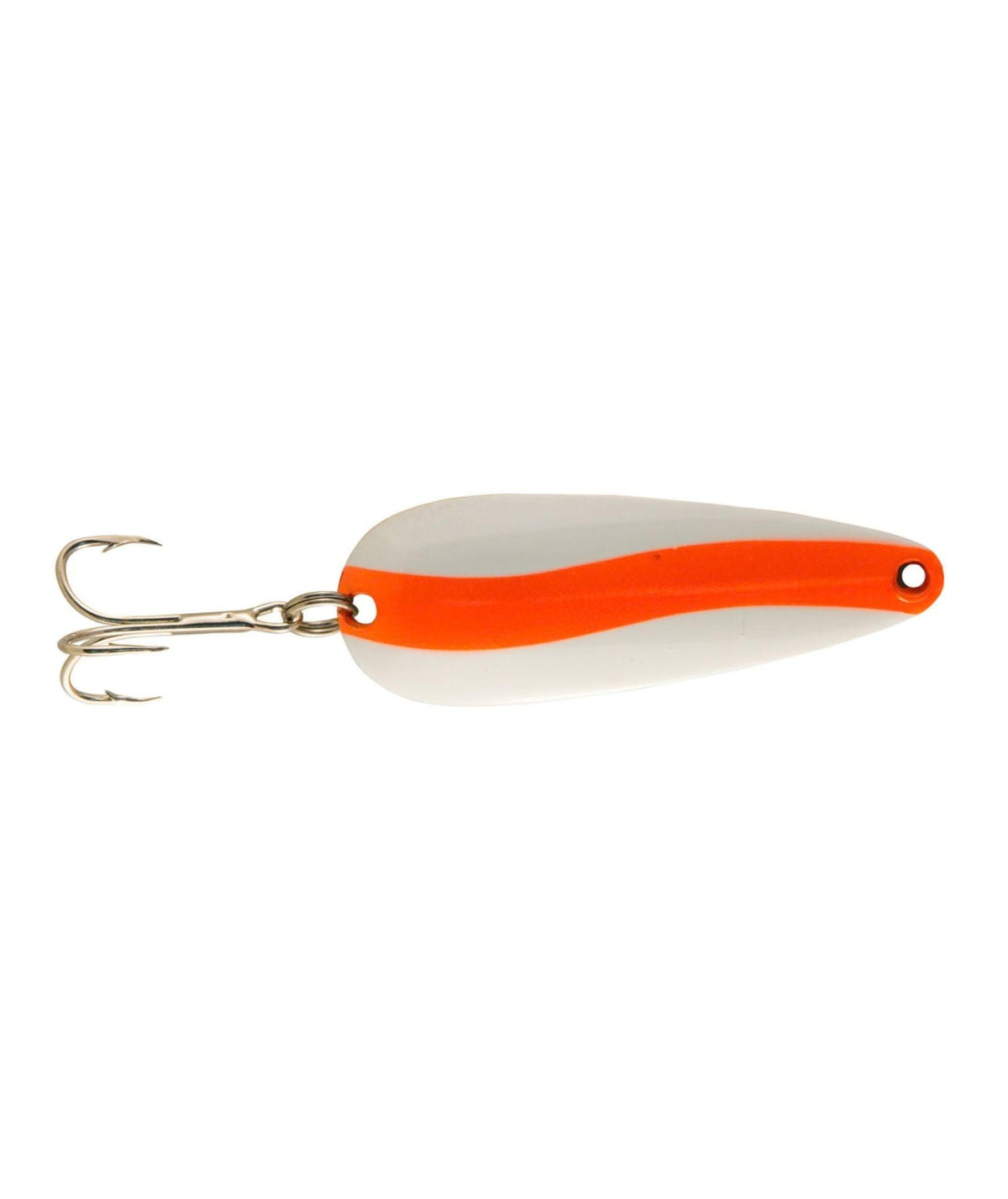 A fishing lure with a white body, a bright orange horizontal stripe, and two silver treble hooks attached on the left side.