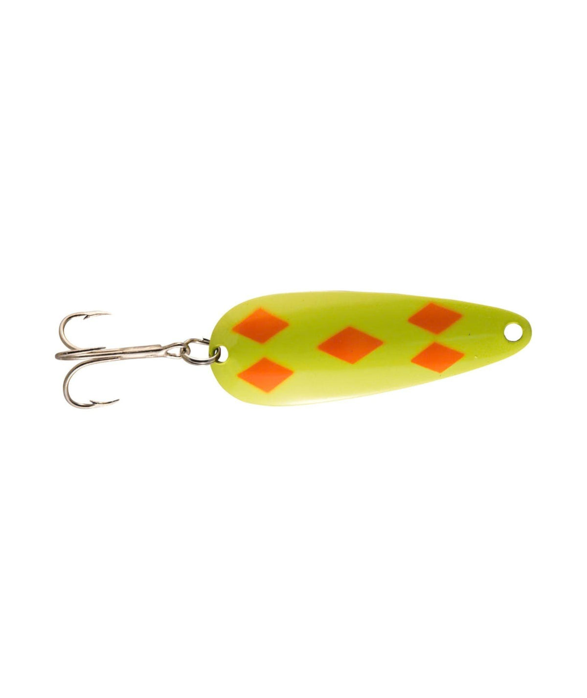 A bright yellow-green fishing lure with four orange diamond patterns and a silver treble hook.