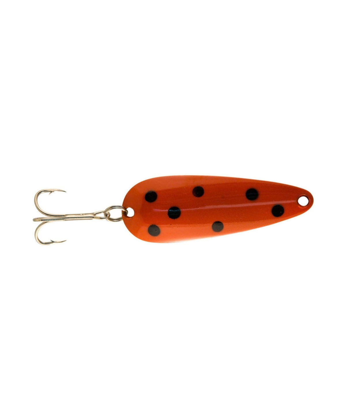 An orange fishing lure with black spots and a gold-colored treble hook.