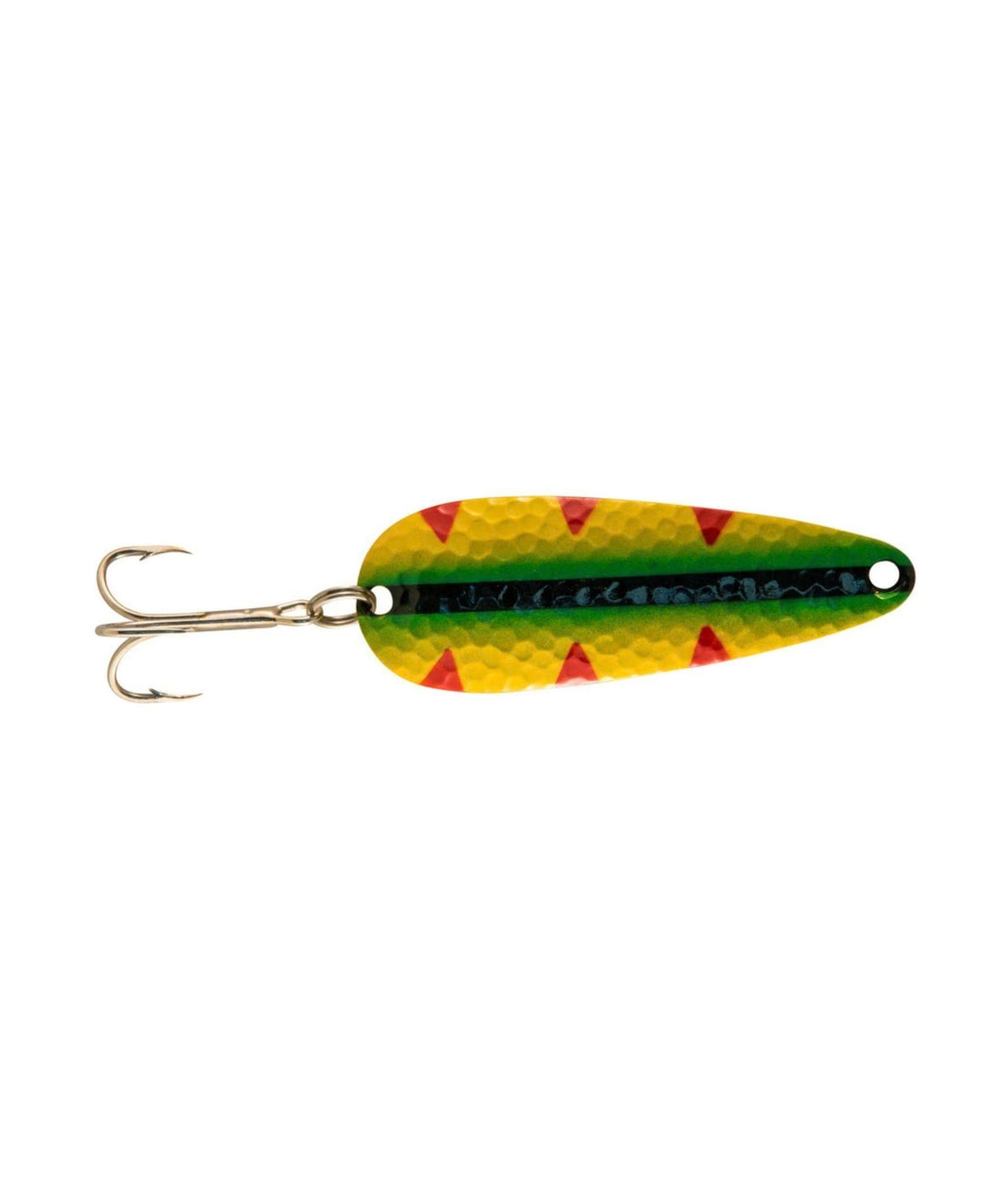 A fishing lure with a yellow and green patterned body, red triangle accents, and a gold treble hook attached.