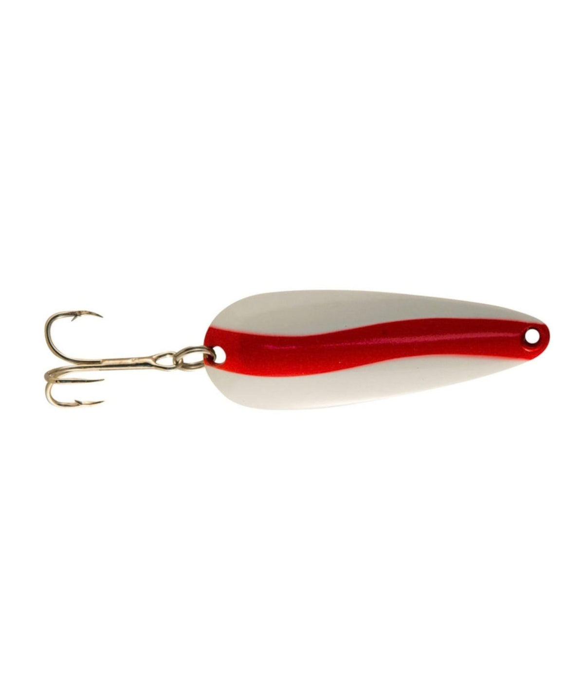 A red and white paddle tail fishing lure with a gold treble hook.