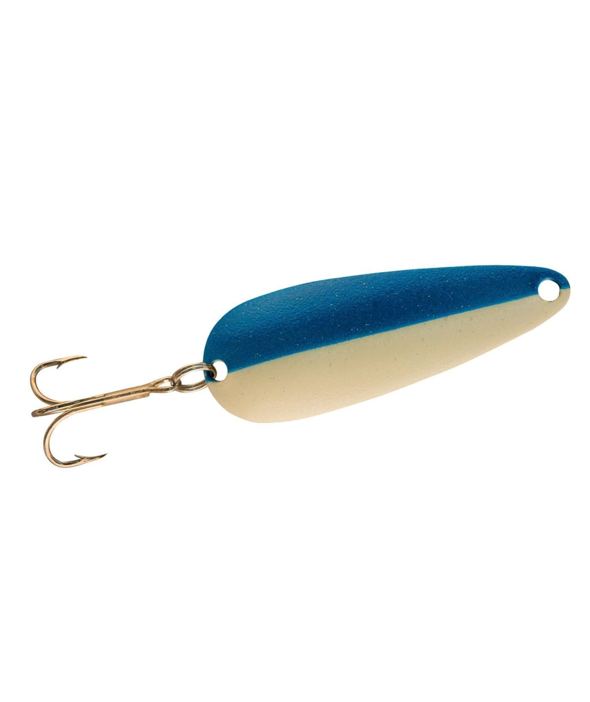A fishing lure with a two-tone blue and beige body and gold-toned treble hook.