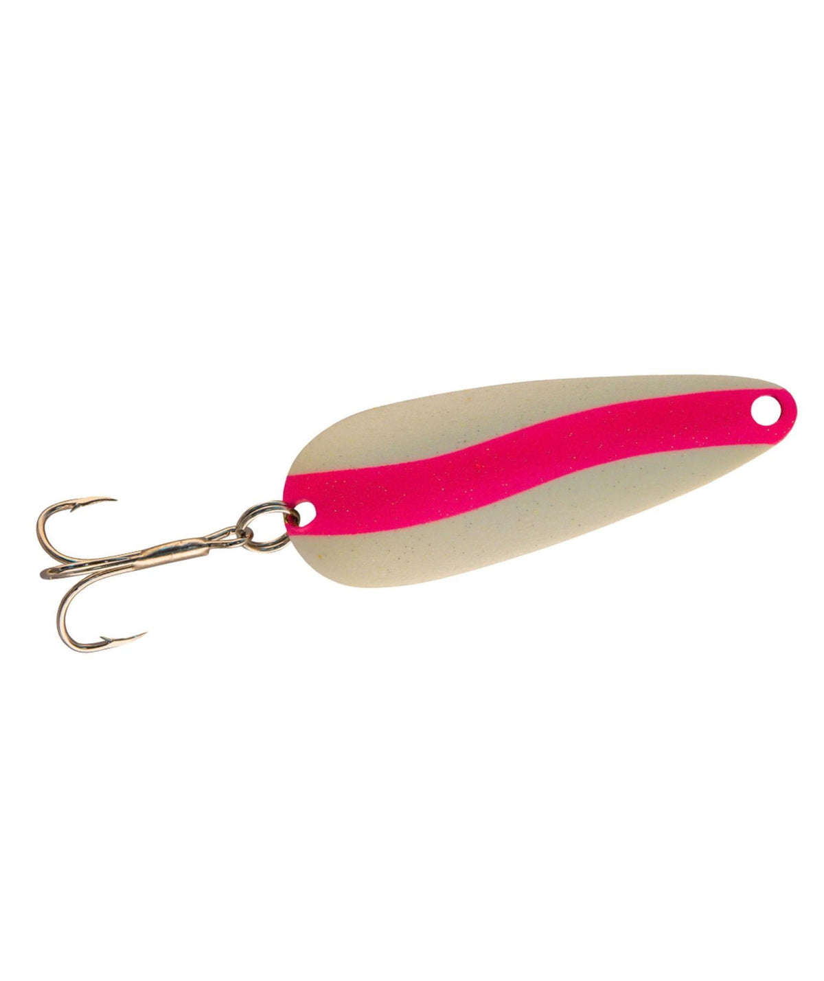 A fishing lure with a metallic silver body, a vibrant hot pink horizontal stripe, and a triple hook attached on the left side.