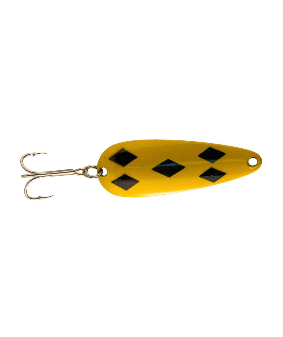 A yellow fishing lure with black diamond patterns and a silver treble hook.