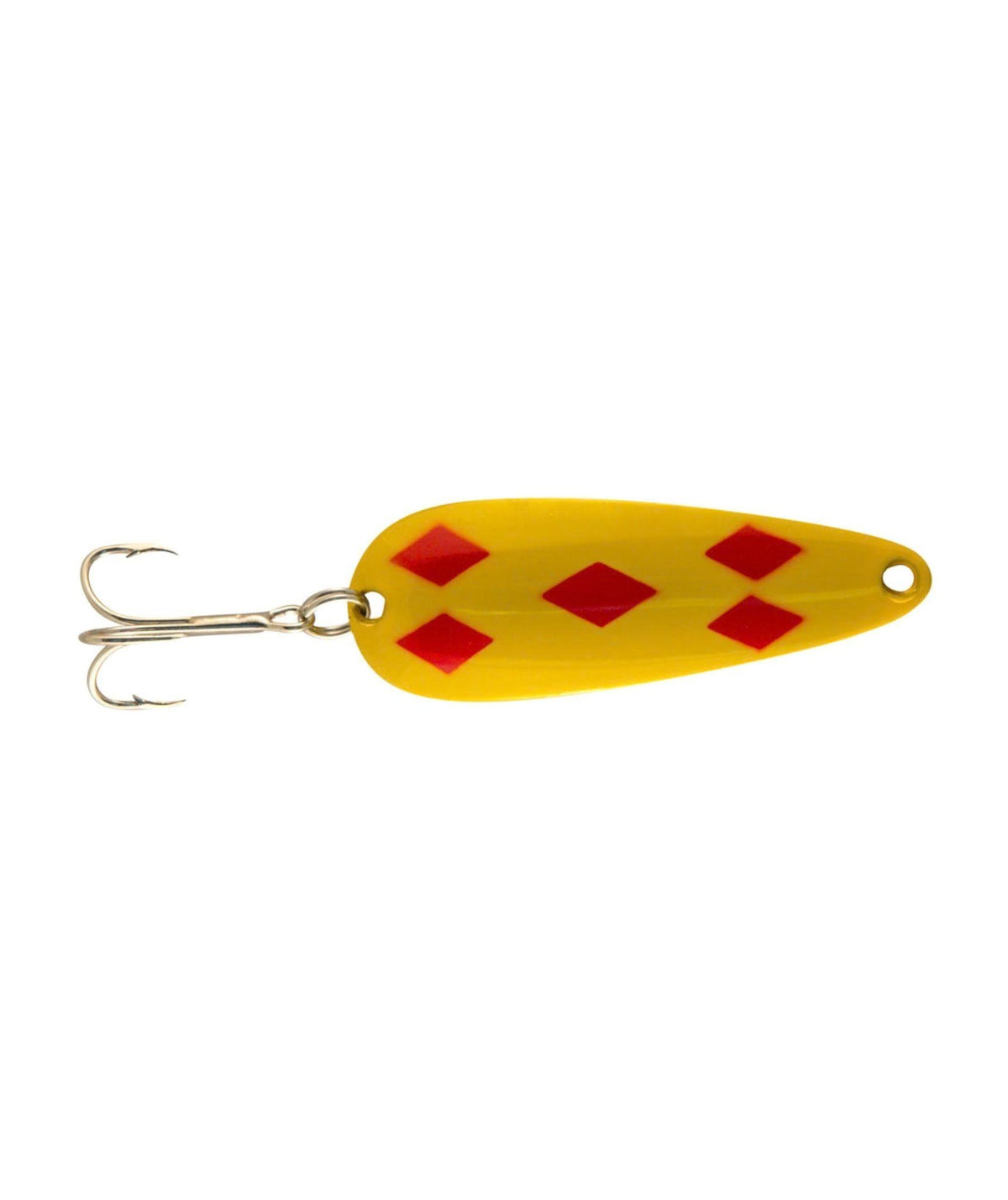 A yellow fishing lure with red diamond patterns and a silver treble hook.