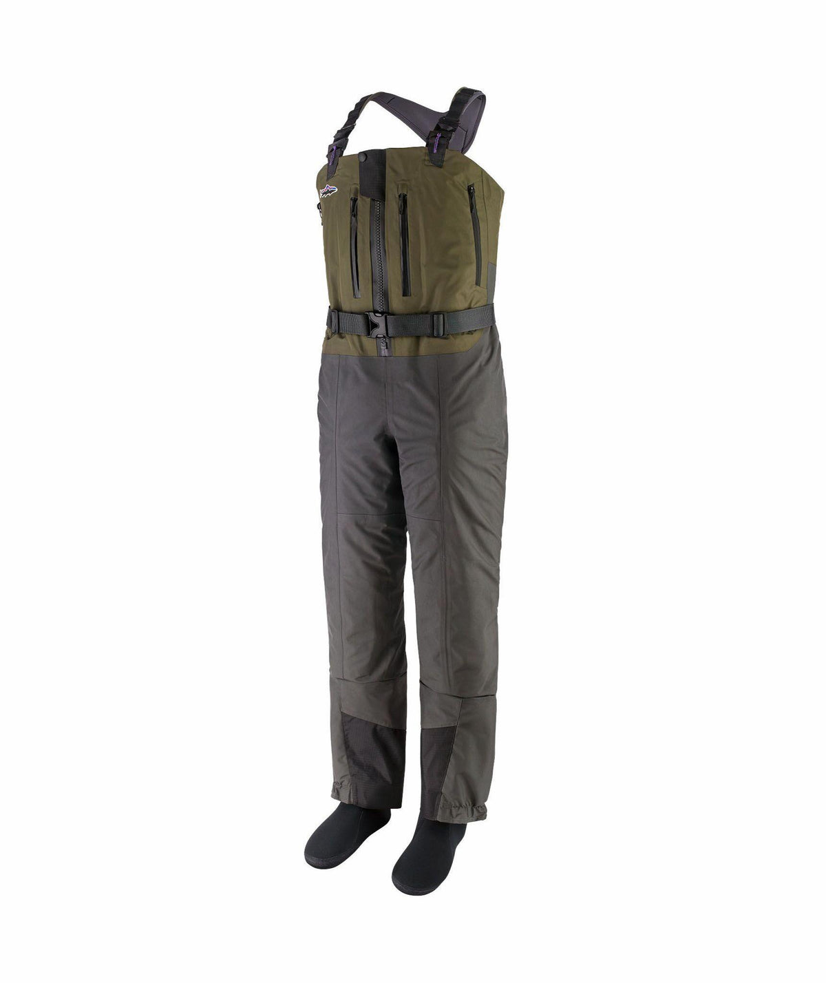 A pair of waders in olive green and dark gray.
